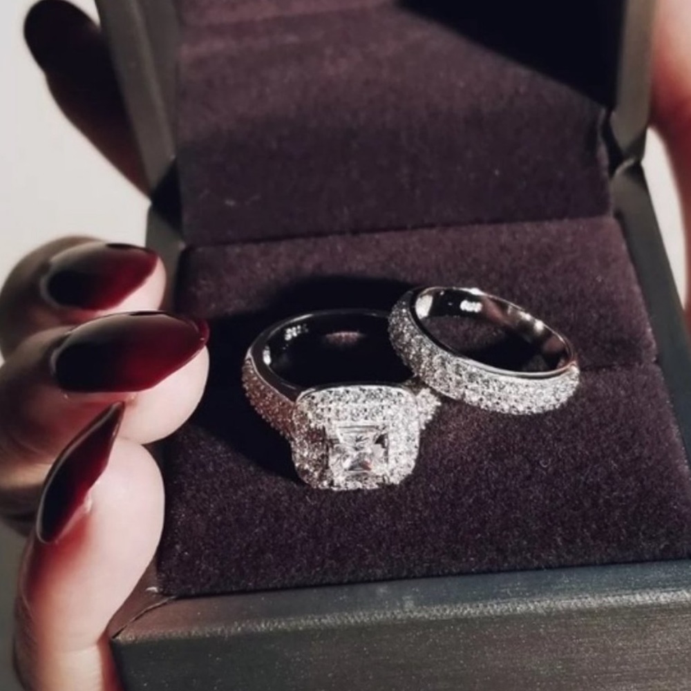 NEW 925 Sterling Silver Princess Halo Ring Set - Picture 6 of 7